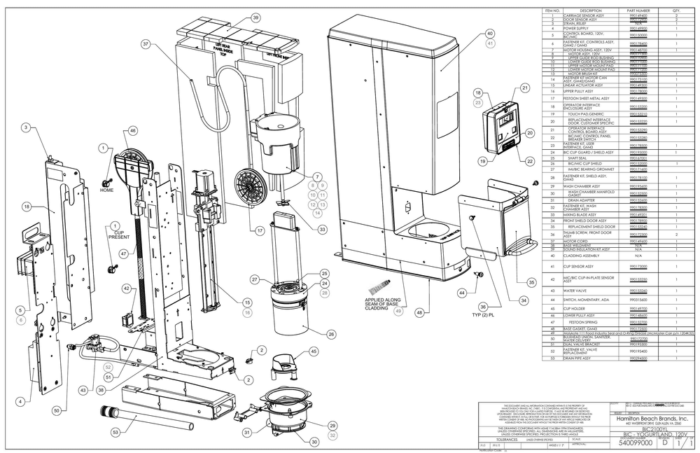 Diagram Diagram and Parts List for BIC2100YL  Hamilton Beach Drink Mixer